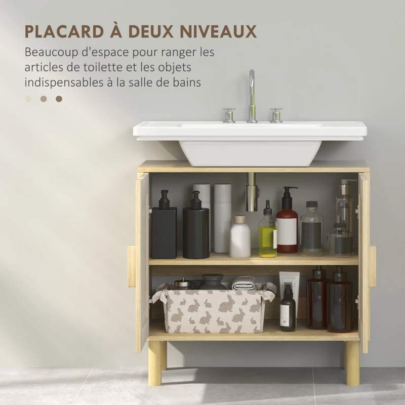 HOMCOM Meuble salle de bain sous lavabo meuble sous lavabo portes en rotin pieds bois de pin 2 niveaux 60 x 30 x 60 cm chêne