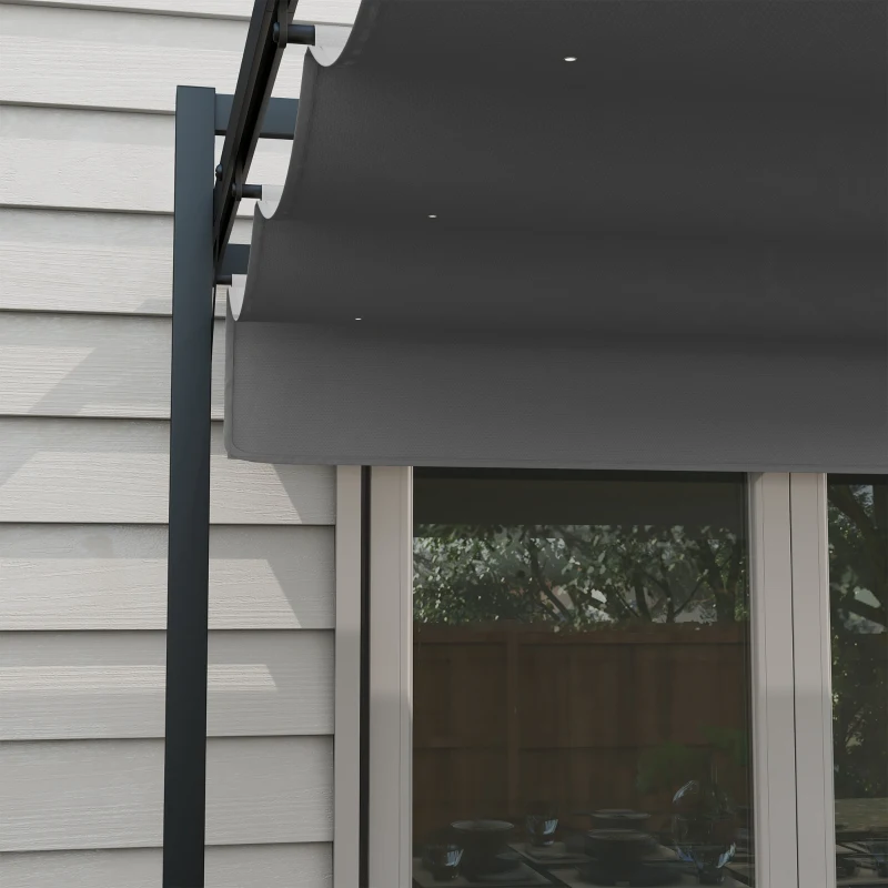 Outsunny Cenador de Jardín 3x4 m con Techo Retráctil de Poliéster y 12 Orificios de Drenaje Pérgola para Terraza Gris Oscuro
