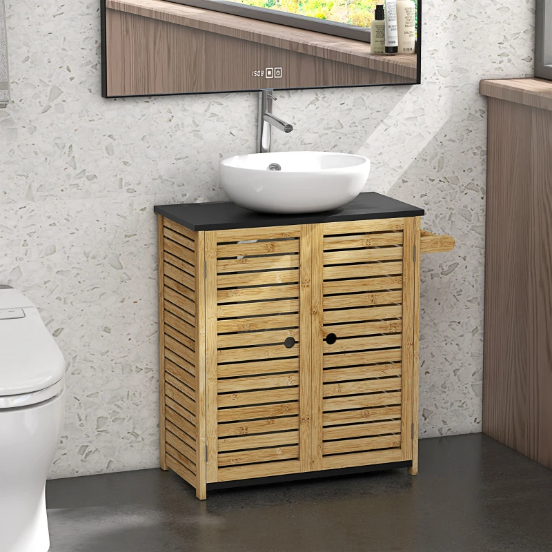 HOMCOM Mobile Sottolavabo Bagno con 2 Ante a Doghe, Porta Asciugamani e Intaglio a U, Legno e Nero
