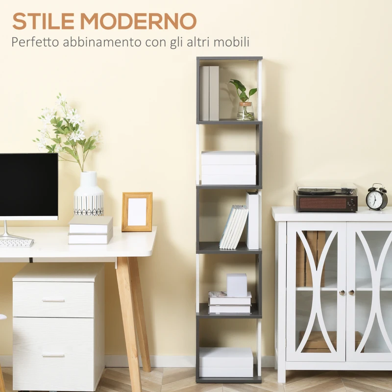 HOMCOM Libreria Moderna Salvaspazio a 5 Ripiani in Legno, 33x28x161cm, Grigio e Bianco