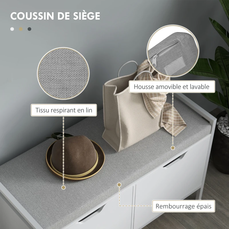 HOMCOM Banc meuble à chaussures, 2 placards, meuble d'entrée avec coussin rembourrée, 84l x 35P x 50H cm, blanc