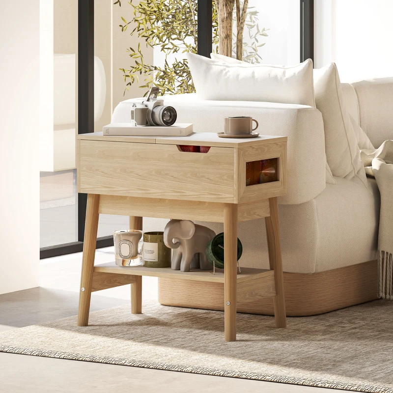 HOMCOM Table d'appoint table basse table de chevet étroite avec plateau rabattable et étagère ouverte grain de bois de chêne