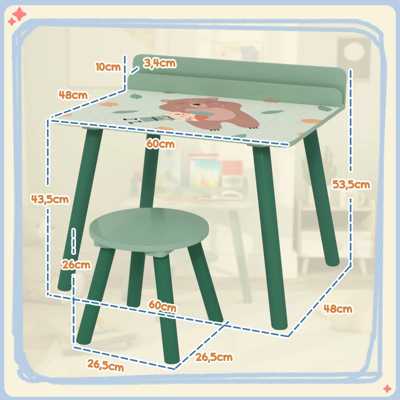 AIYAPLAY Ensemble table et chaise enfant table pour enfant avec chaise avec porte-livres motifs d'ours pour enfants 3-8 ans vert