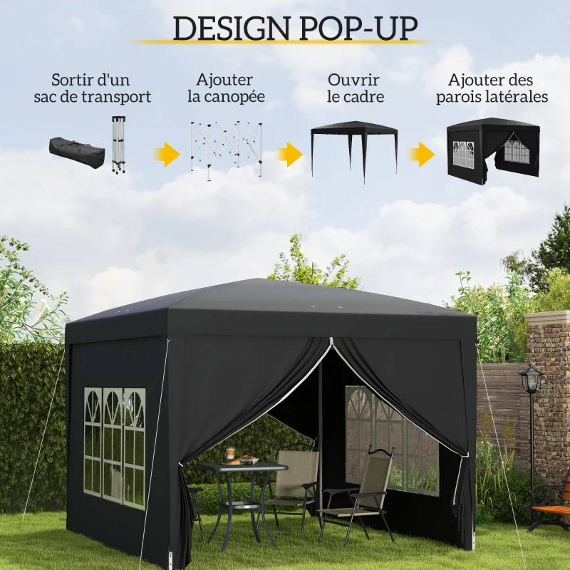 Outsunny Tonnelle tente de réception barnum pop-up pliant 3 x 3 m 4 parois amovibles + sac de transport noir