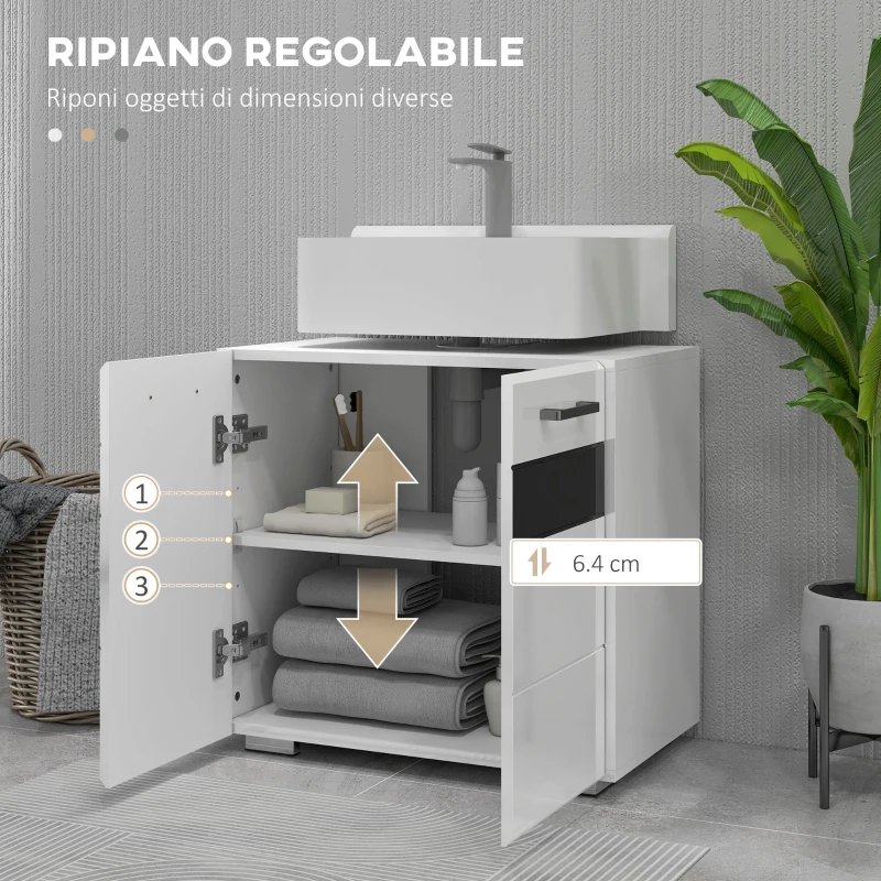 kleankin Mobile Sottolavabo in MDF con Armadietto a 2 Livelli con Ripiano Regolabile, 60x36.5x56 cm, Bianco