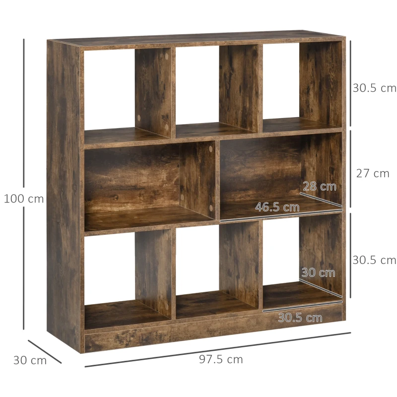 HOMCOM Libreria Moderna a 3 Ripiani con 8 Vani, Mobile da Ingresso, Soggiorno e Camera, 97.5x30x100cm, Marrone Rustico