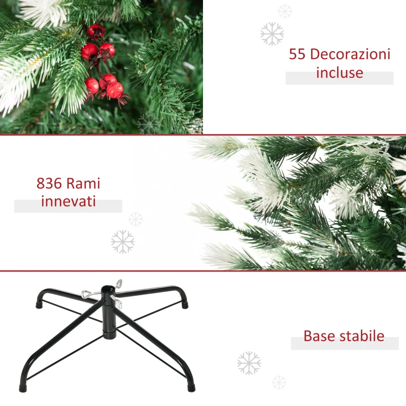 HOMCOM Albero di Natale Innevato 180 cm con Rami Folti, Bacche Rosse, Base Pieghevole e Rimovibile