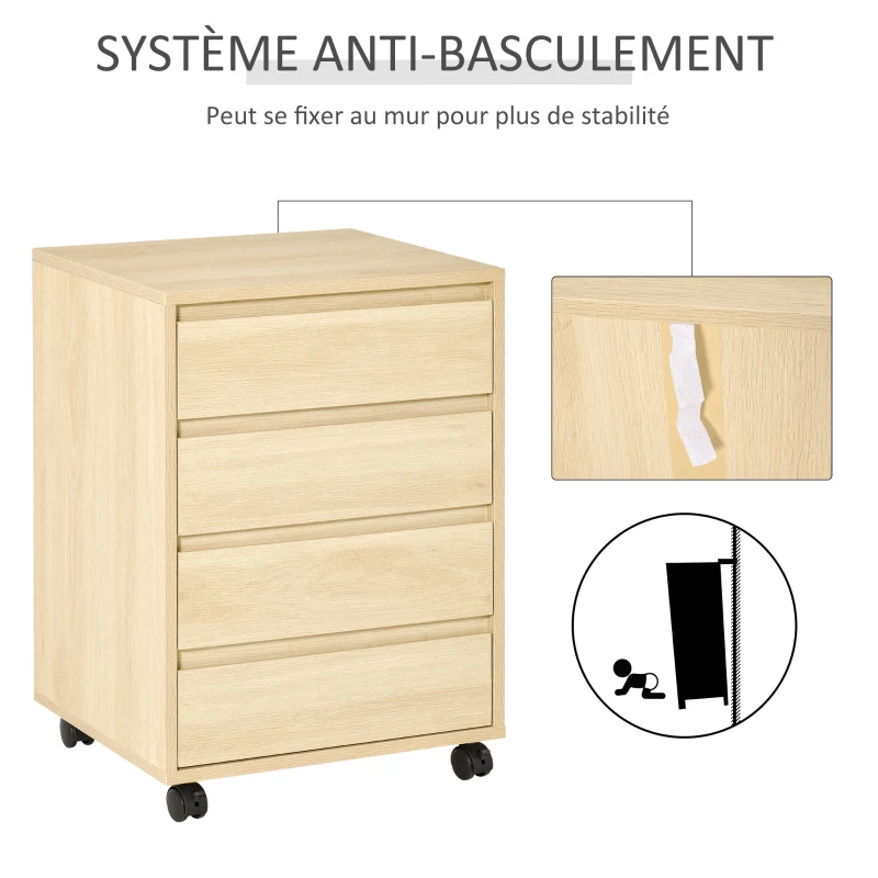HOMCOM Caisson de bureau rangement bureau sur roulettes 4 tiroirs coulissants en bois aspect bois clair