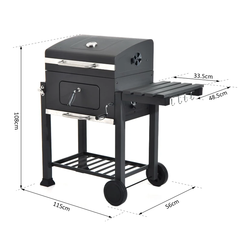 Griglia Barbecue 2 Griglie di Cottura 4 Palette Laterali 1 Cassetta Regolabile in Altezza 4 Comodi Gancini 2 Rotelle e 1 Maniglia Acciaio Inox e Ferro Grigio Certificato GS 115×56×108cm