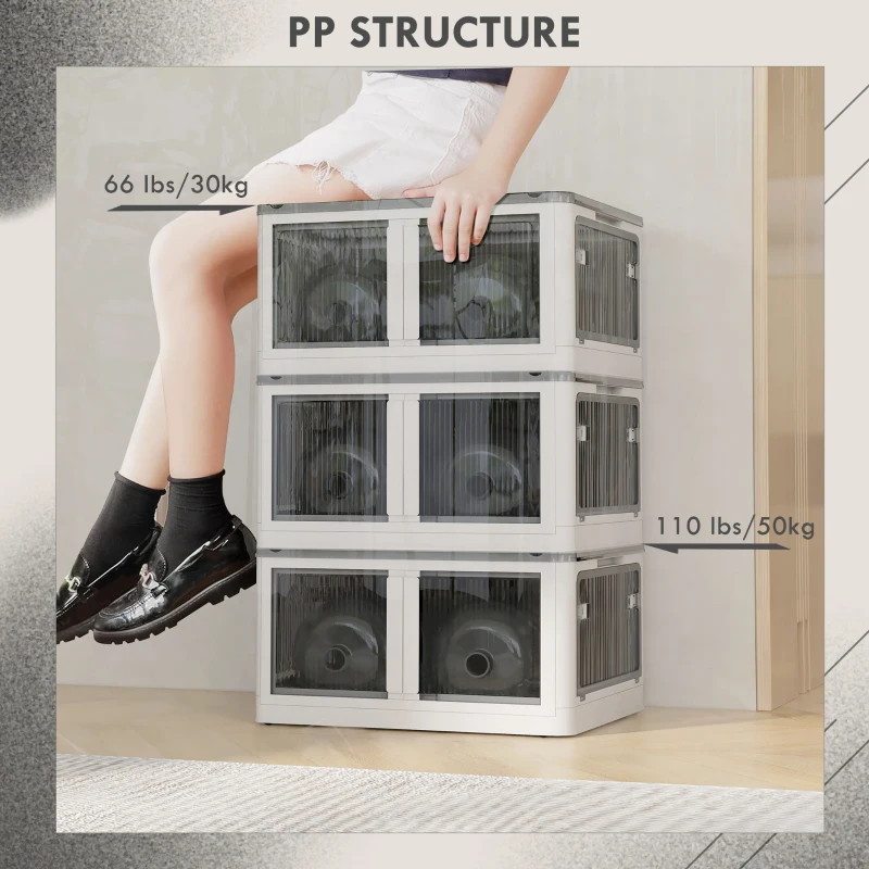 HOMCOM Contenitore in Plastica con Coperchio Impilabile e Pieghevole, 5 Aperture con Blocchi, 4 Ruote, 60x42x34 cm, Bianco