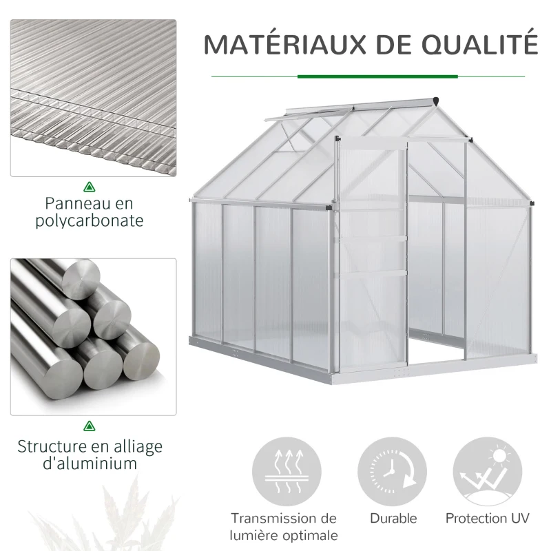 Outsunny Serre de Jardin en Polycarbonate 4,8 m² dim. 1,9L x 2,53l x 1,99H m avec Fondation, Lucarne réglable, Porte coulissante - Argent et Transparent