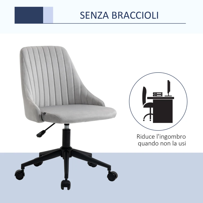 Vinsetto Sedia da Ufficio in Velluto Grigio con Altezza Regolabile, Sedia Ergonomica Girevole a 360° e Ruote, 50x58x77-87cm