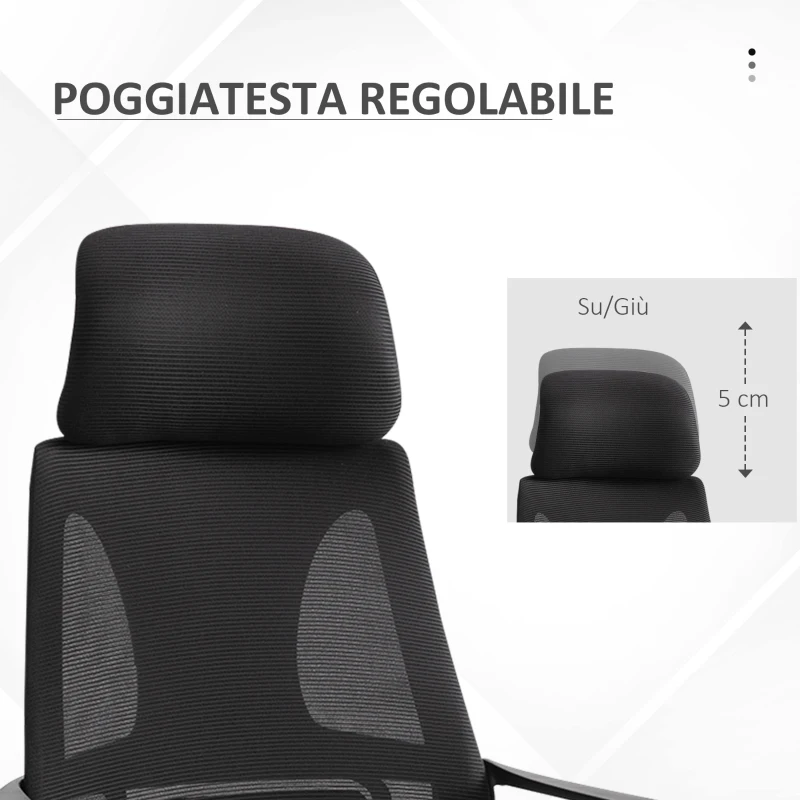 Vinsetto Sedia da Ufficio Reclinabile con Poggiatesta e Supporto Lombare, in Poliestere, 64x55x116-126 cm, Nero