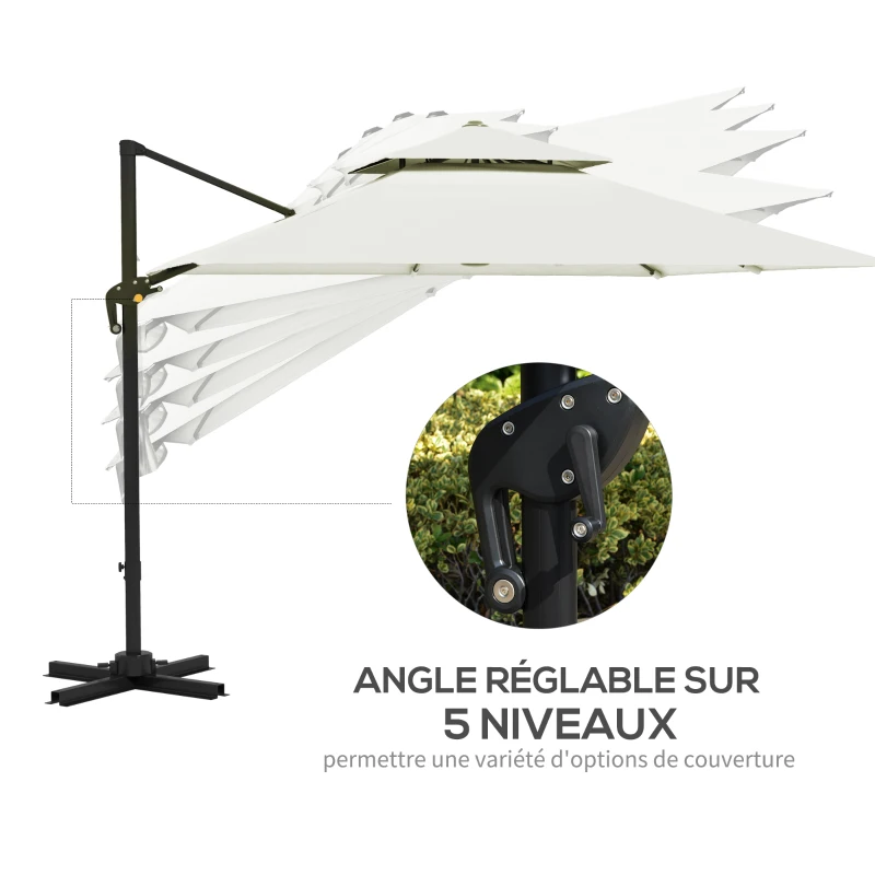 Outsunny Parasol déporté carré 3 x 3 m double toit inclinable pivotant manivelle lestage inclus métal polyester beige