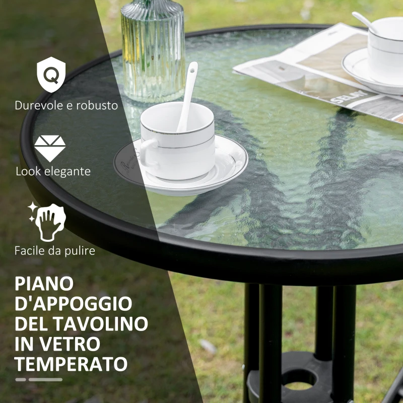 Outsunny Set da Giardino da 3 Pezzi con 2 Sedie Pieghevoli e Tavolino in Vetro Temperato per Esterni, Nero
