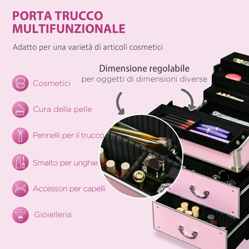 HOMCOM Valigetta Porta Trucchi Professionale, Trolley Make Up Rinforzato con Blocco a 2 Chiavi e Ruote, 36x23x58 cm, Rosa