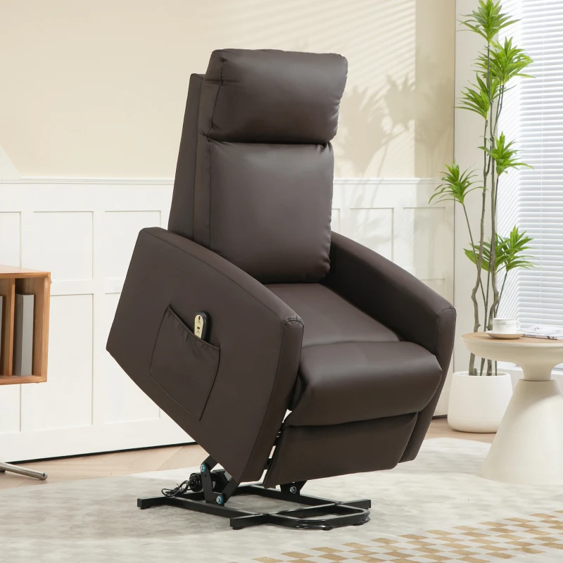 HOMCOM Poltrona Alzapersona Reclinabile a 145° con Telecomando e Poggiapiedi, in Pelle PU Marrone Scuro, 67x95x105 cm