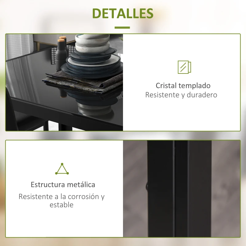 HOMCOM Conjunto de Comedor de Mesa y 4 Sillas 5 Piezas Mesa Rectangular de Vidrio Templado y Sillas Tapizadas en PU Negro