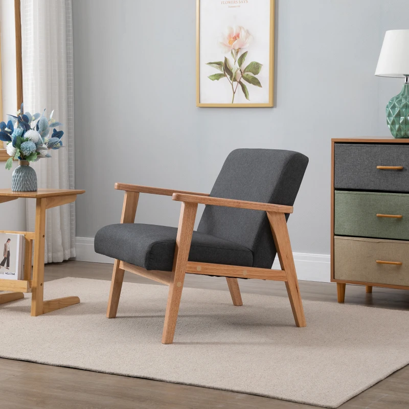 HOMCOM Fauteuil de Salon Fauteuil de Relaxation Fauteuil Simple pour Chambre Cadre en Bois hévéa Revêtement en Lin Gris foncé