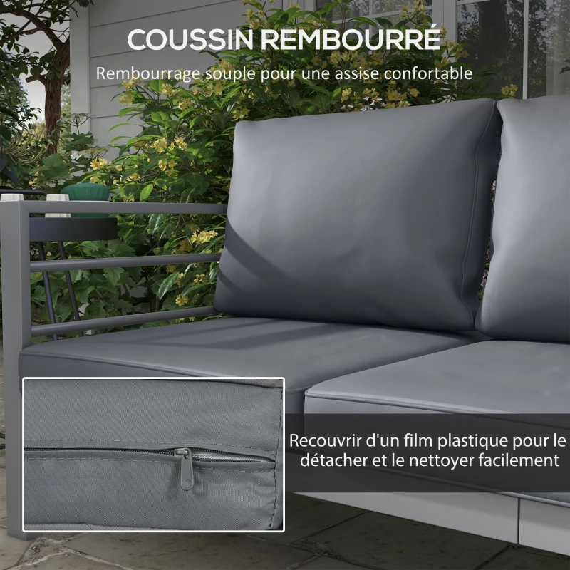 Outsunny Canapé de jardin 3 places avec coussins d'assise et dossier - canapé extérieur en aluminium 185L x 66l x 64H cm