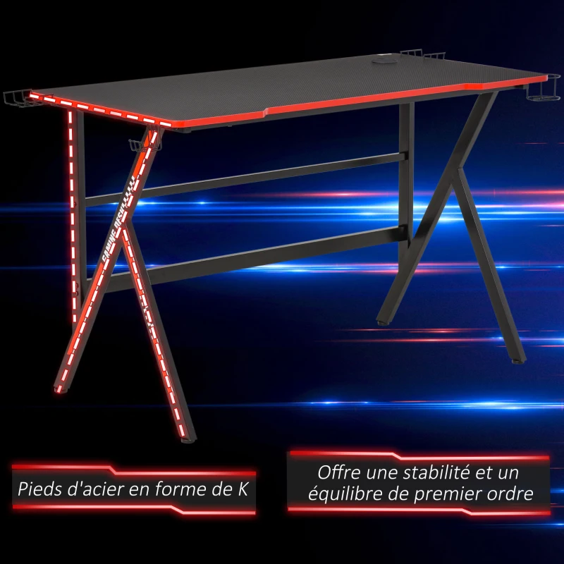 HOMCOM Bureau gaming racing bureau gamer bureau informatique bracket supports casque enceintes porte-gobelet métal plateau MDF texture carbone rouge noir
