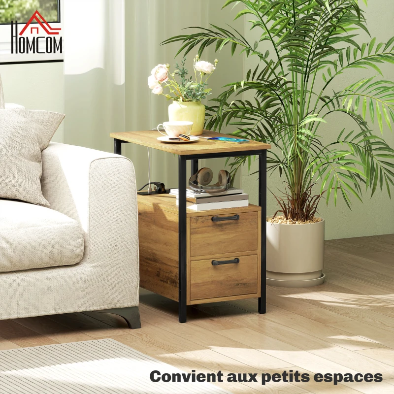 HOMCOM Table d'appoint table de chevet avec 2 prises port USB 1 prise type C câble de 143 cm tiroirs et étagère bois naturel