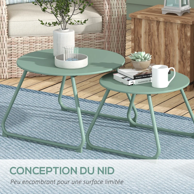 Outsunny Lot de 2 tables basses rondes gigognes empilables de Jardin métal époxy, Table d'Appoint Stable pour extérieur, vert