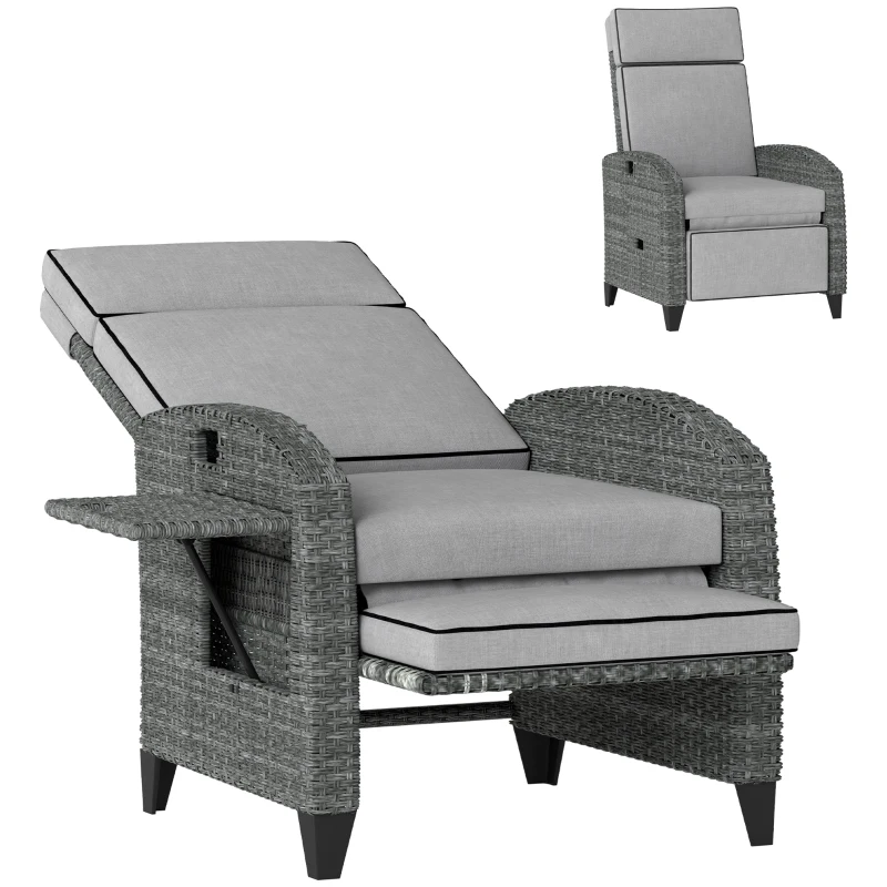 Outsunny Outdoor Recliner Chair with Adjustable Backrest and Footrest, Cushion, Side Tray, Light Grey/Grey