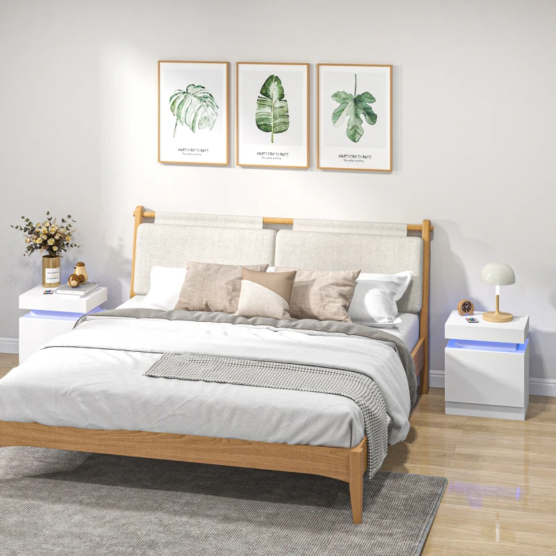 HOMCOM Set of 2 White Bedside Tables with LED Lights, High Gloss Front Nightstands with 4 Drawers