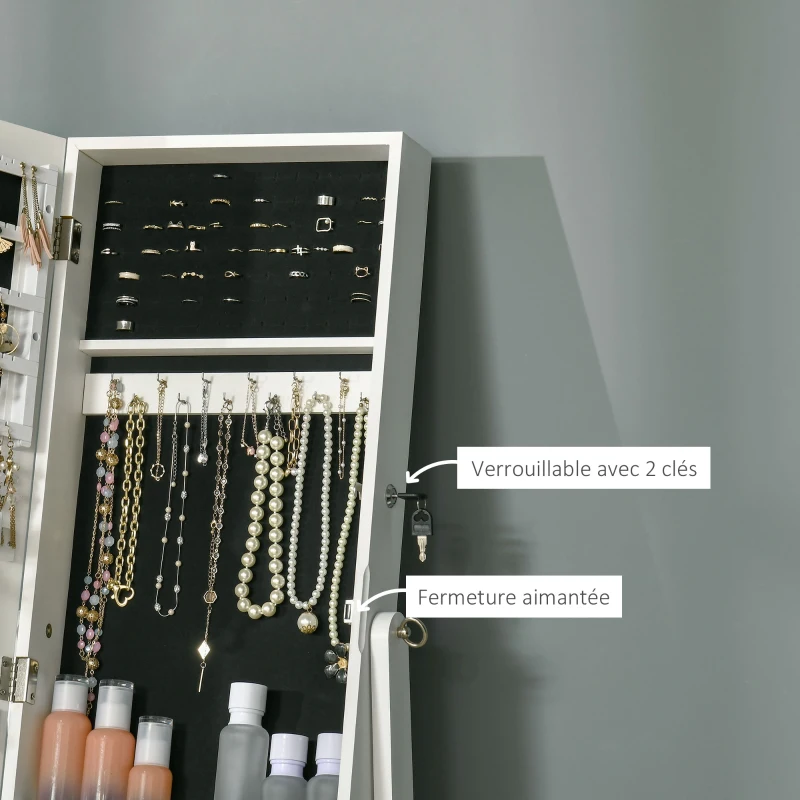 HOMCOM Armoire à Bijoux avec Miroir à Pied Multi-Rangement Inclinaison réglable Serrure dim. 46L x 36,5l x 151,5H cm en bois Blanc