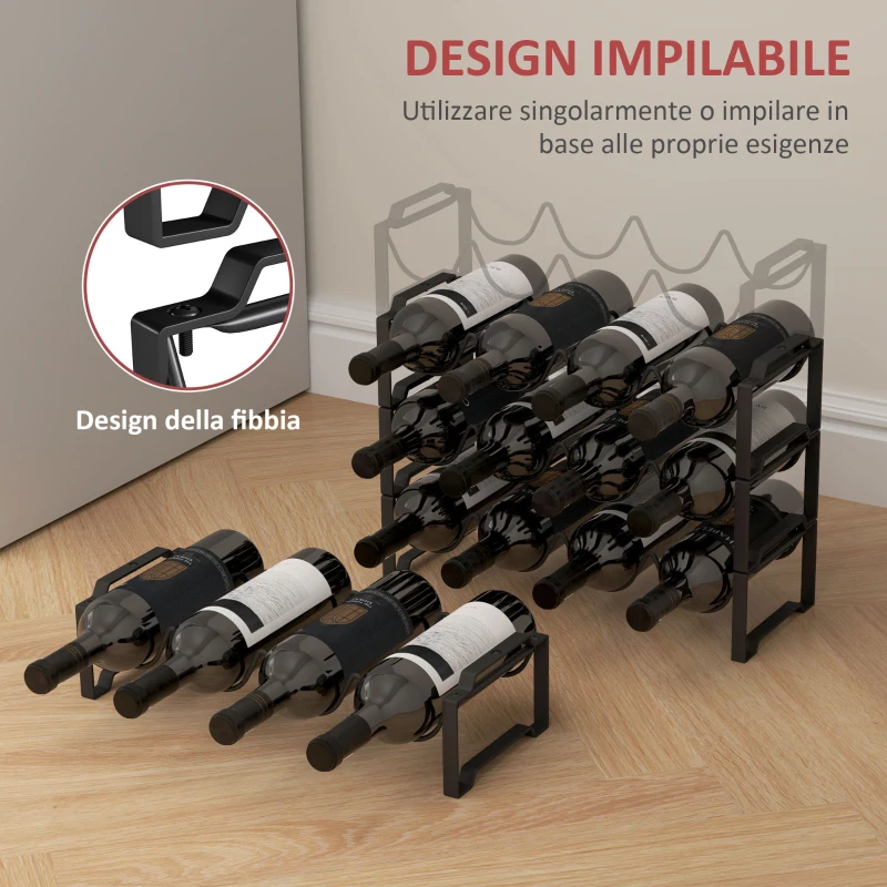 HOMCOM Portabottiglie a 4 Livelli a Onda Impilabili per 16 Bottiglie, in Metallo, 42.5x16.5x41 cm, Nero