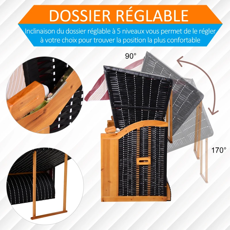 Outsunny Corbeille de plage 2 places - Cabine chaise de plage inclinable - abri plage strandkorb - coussins, repose-pieds, tablettes, pare-soleil - bois résine tressée polyester beige bordeaux