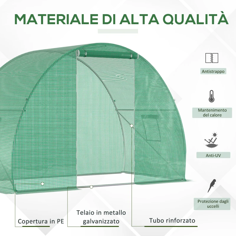 Outsunny Serra a Tunnel con Porta Avvolgibile e Finestre, Copertura PE e Struttura in Acciaio, 1.5x3x2m, Verde
