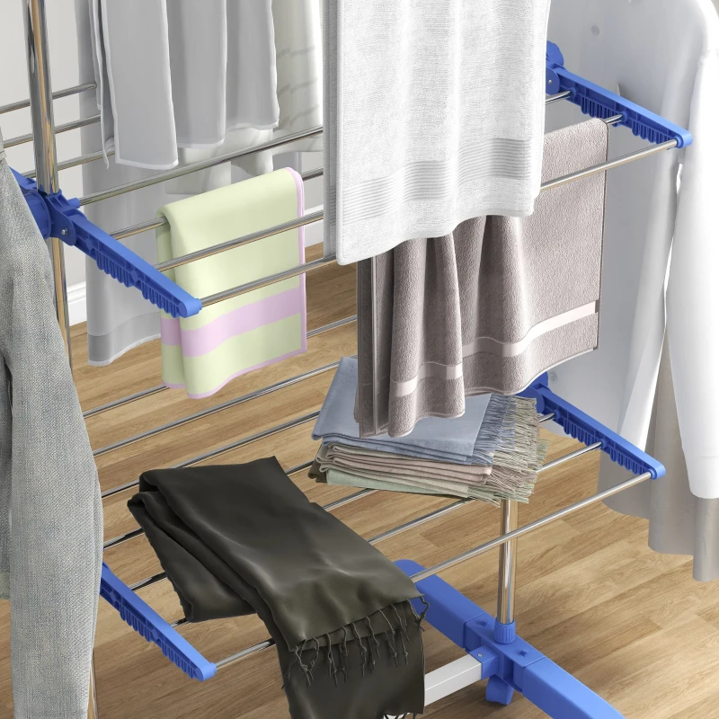 HOMCOM Three-Shelf Collapsing Clothes Horse, With Side Arms and Wheels - Blue