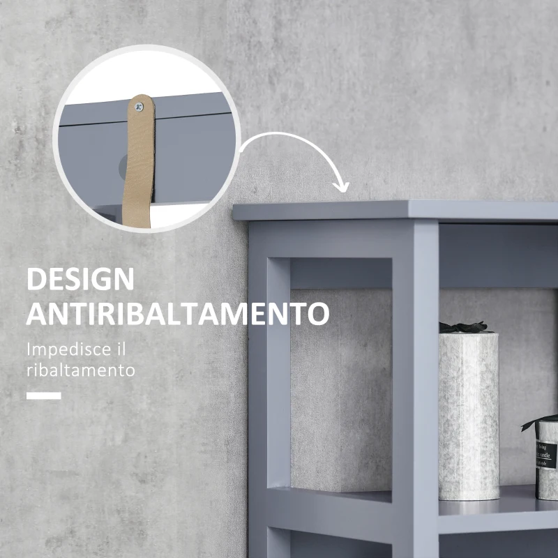 kleankin Colonna Bagno con 3 Mensole e Armadietto in Legno MDF 40x30x160, Grigio e Legno Naturale