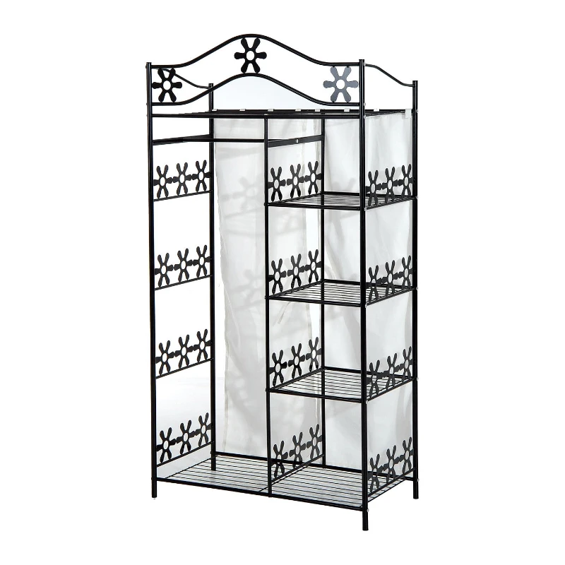 HOMCOM Armadio Guardaroba Appendiabiti con 5 Ripiani e 2 Tende, 84 x 42 x 158.5cm, in Metallo Nero con Decori a Fiori
