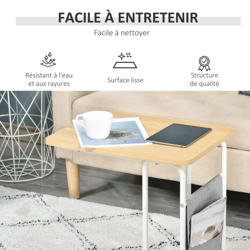 HOMCOM Table Basse Table d'appoint guéridon Bout de canapé 2 Pochettes de Rangement Tissu Gris châssis métal Blanc Plateau Aspect Bois Clair