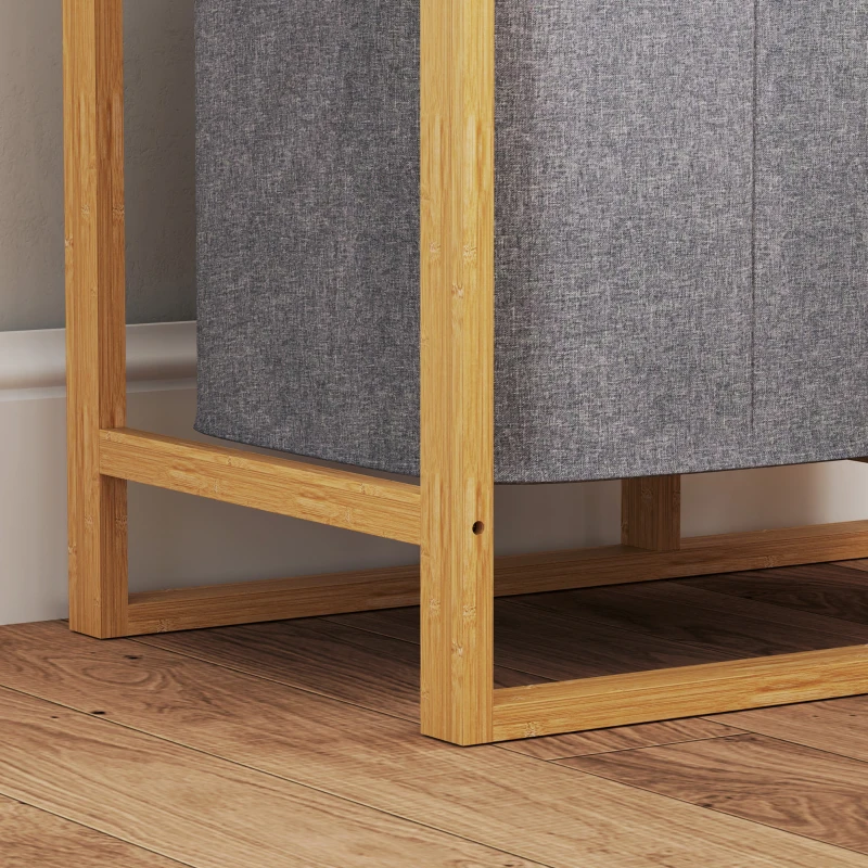 HOMCOM Cesto Portabiancheria con Borsa Estraibile e Ripiani a Doghe in Bambù, 50x32x70 cm, Grigio