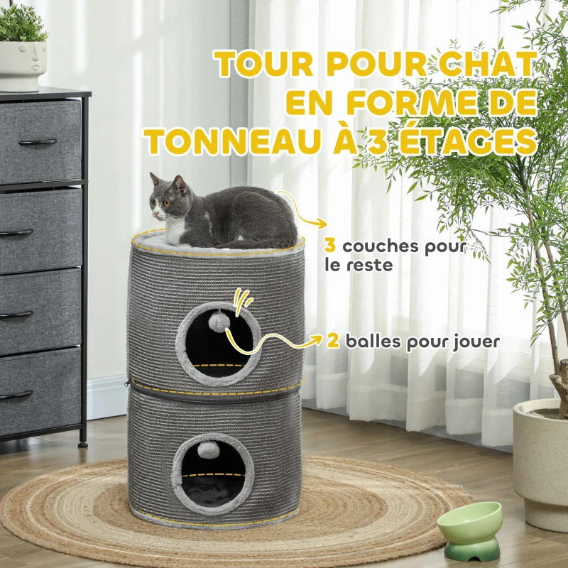 PawHut Tour pour chat modulable tonneau griffoir chat avec fermeture éclair séparable 3 niveaux deux balles Ø 42 x 69H cm gris