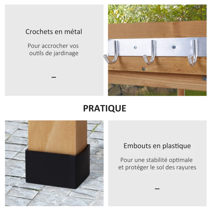 Outsunny Table de rempotage avec 2 étagères 3 crochets outils table de jardinage plateau tôle acier galvanisé avec rebord - table de plantation bois sapin pré-huilé