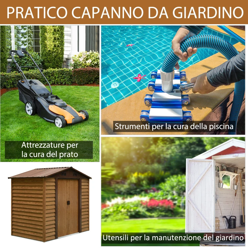 Outsunny Casetta da Giardino in Lamira Porta Attrezzi con Porte Scorrevoli, Effetto Legno, 152x235.7x208.7cm