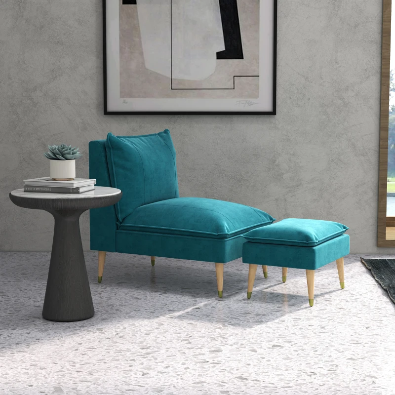 HOMCOM Fauteuil de relaxation avec repose-pieds fauteuil relax de salon pieds en bois d'hévéa revêtement aspect velours bleu