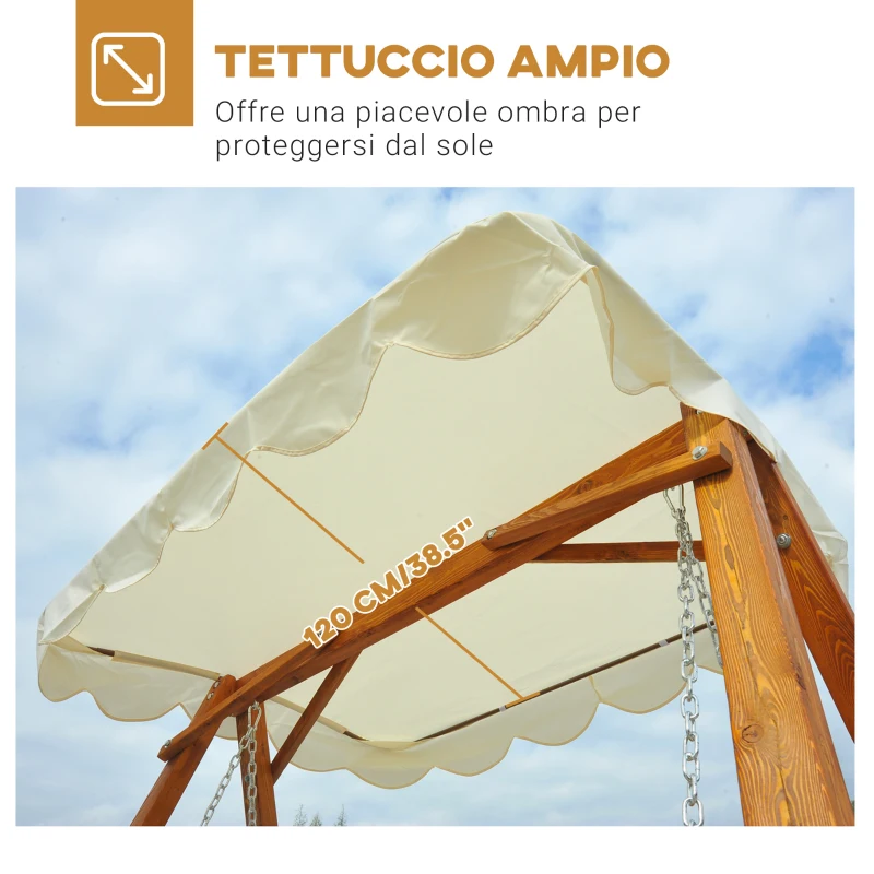 Outsunny Dondolo da Giardino Stile Classico Legno Massello di Pino Conforme alle Norme di FS Tettuccio Parasole in Tessuto di Poliestere con Rivestimento di PA 162x130x185cm 240kg