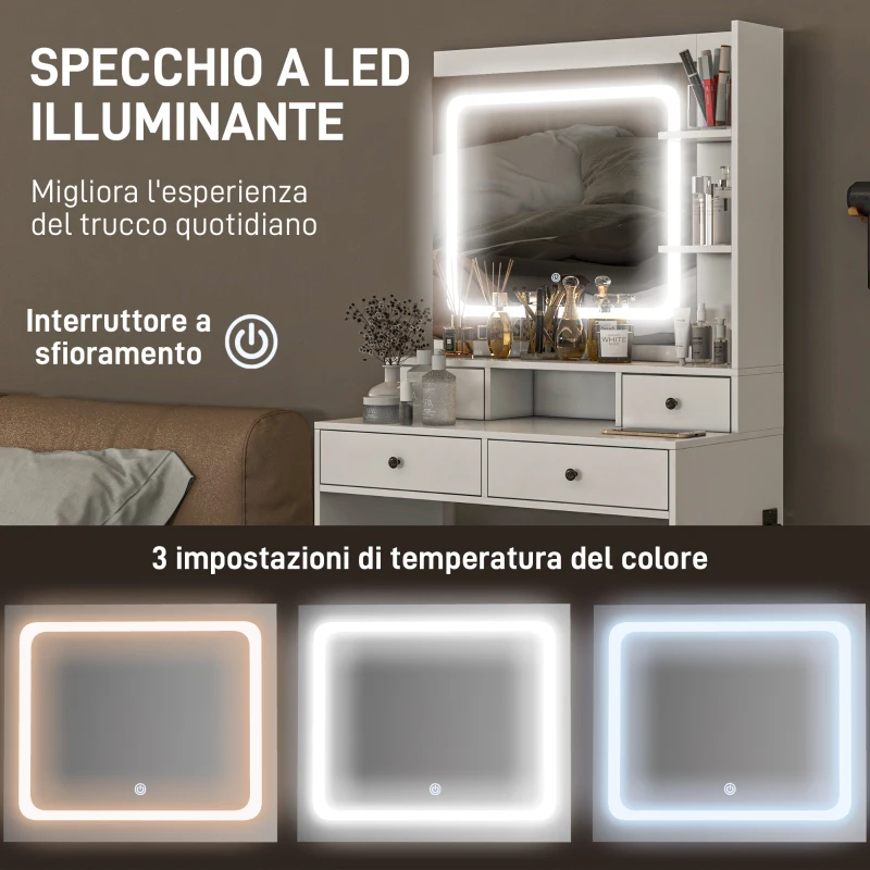 HOMCOM Toeletta Trucco con Luci LED 3 Tonalità e Specchio, Prese USB, 4 Cassetti e Mensole, 90x45x160cm, Bianco