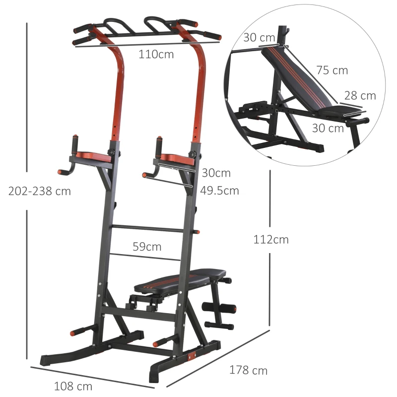 HOMCOM Power Tower Stazione per Allenamento Pieghevole e Multiuso con Barra Trazioni e Sedia Romana, 108x178x202-238cm