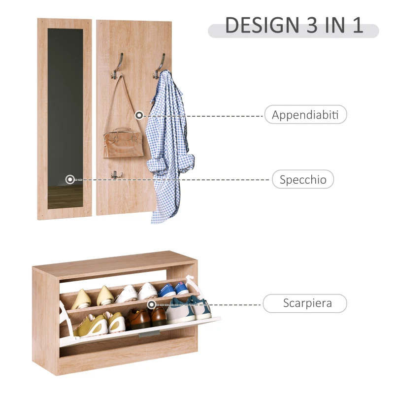 HOMCOM Mobile per Ingresso in Legno Set 3 Pezzi con Scarpiera, Appendiabiti e Specchio, 80x27x46.5cm - Color Legno