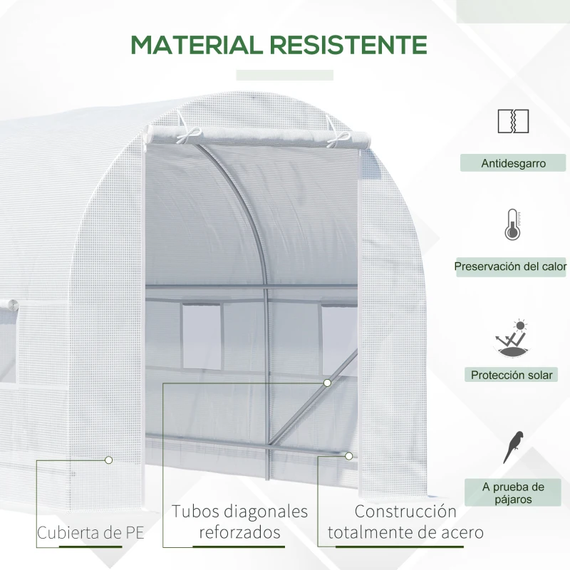 Outsunny Invernadero de Túnel con Puerta Enrollable y 6 Ventanas para Cultivo Plantas Verduras 445x200x200 cm Blanco