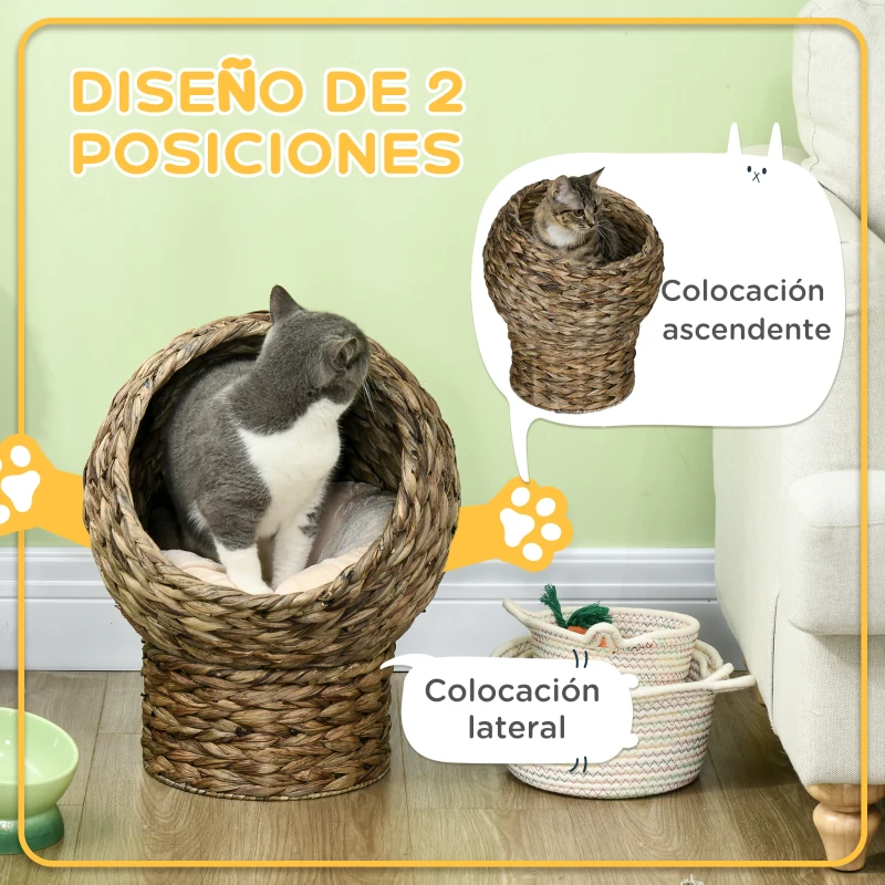 PawHut Cama para Gatos de Mimbre Cueva para Gatos Desmontable con Cojín Extraíble 40x37x51 cm Marrón Oscuro y Beige
