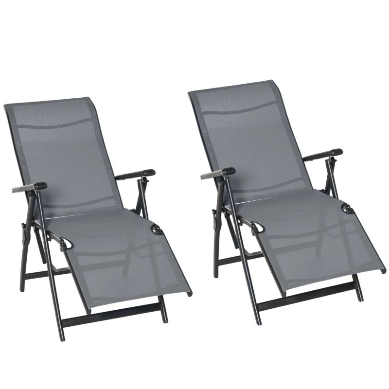 Outsunny Set of 2 Outdoor Sun Lounger 10-Position Adjustable Texteline Folding Reclining Chairs with Footrest for Patio Garden, Grey