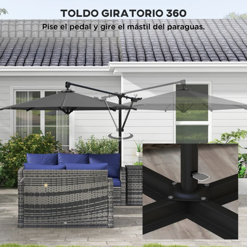 Outsunny Sombrilla de Jardín Giratoria 360° 3x3 m con Manivela Manual 8 Varillas Base Cruzada y Soporte de Acero Gris Oscuro